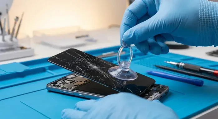 Cracked iPhone screen being assessed for replacement