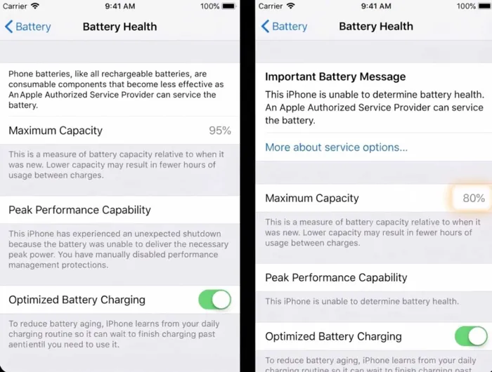 iPhone showing Battery Health settings screen