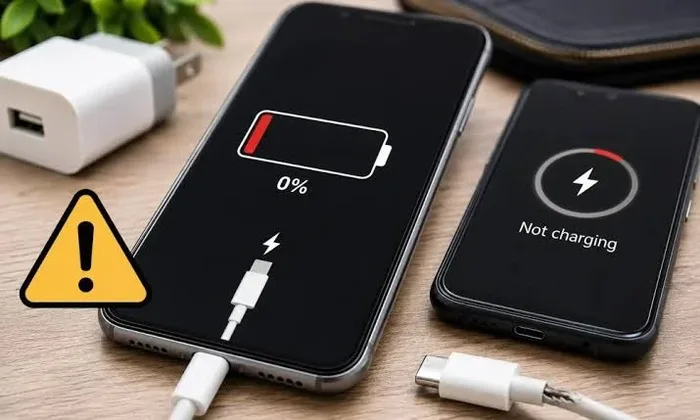 Phone plugged into a charging cable with no charging indicator
