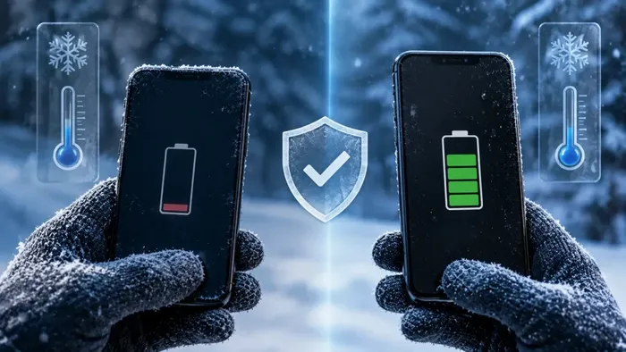 Smartphone in cold winter weather showing battery drain